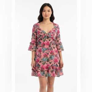 For Love & Lemons Pink Floral Ruffle Mini Dress Bell Sleeves Size L